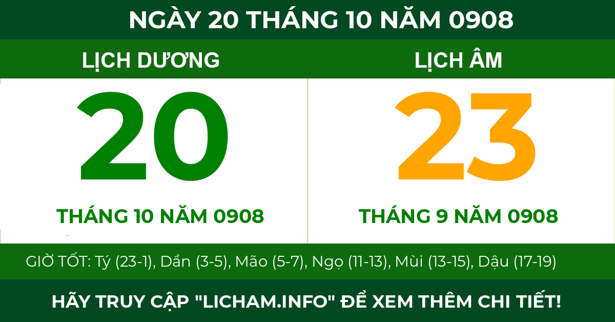lịch âm ngày 20 tháng 10 năm 0908