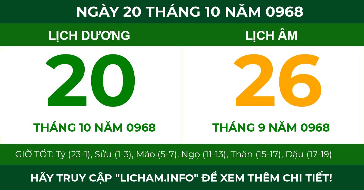 lịch âm ngày 20 tháng 10 năm 0968