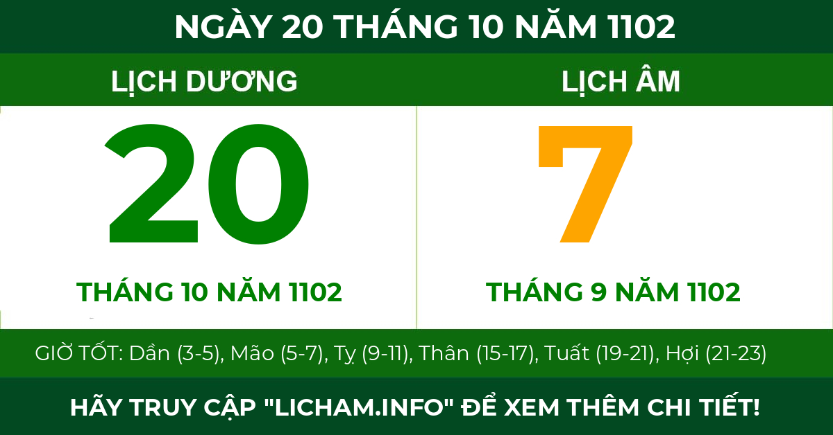 lịch âm ngày 20 tháng 10 năm 1102