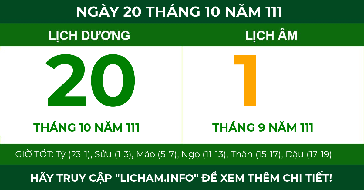 lịch âm ngày 20 tháng 10 năm 111
