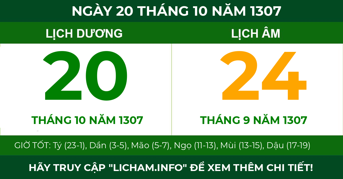 lịch âm ngày 20 tháng 10 năm 1307