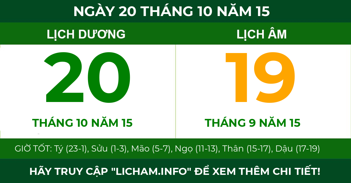 lịch âm ngày 20 tháng 10 năm 15