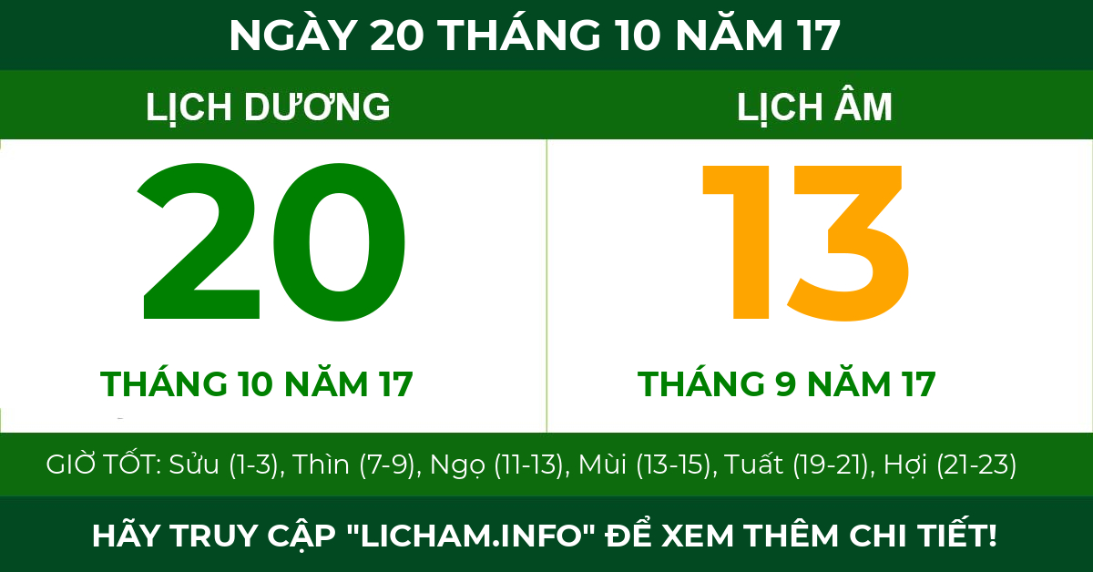 lịch âm ngày 20 tháng 10 năm 17