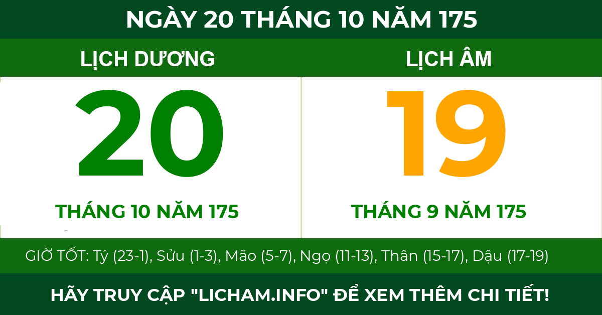 lịch âm ngày 20 tháng 10 năm 175