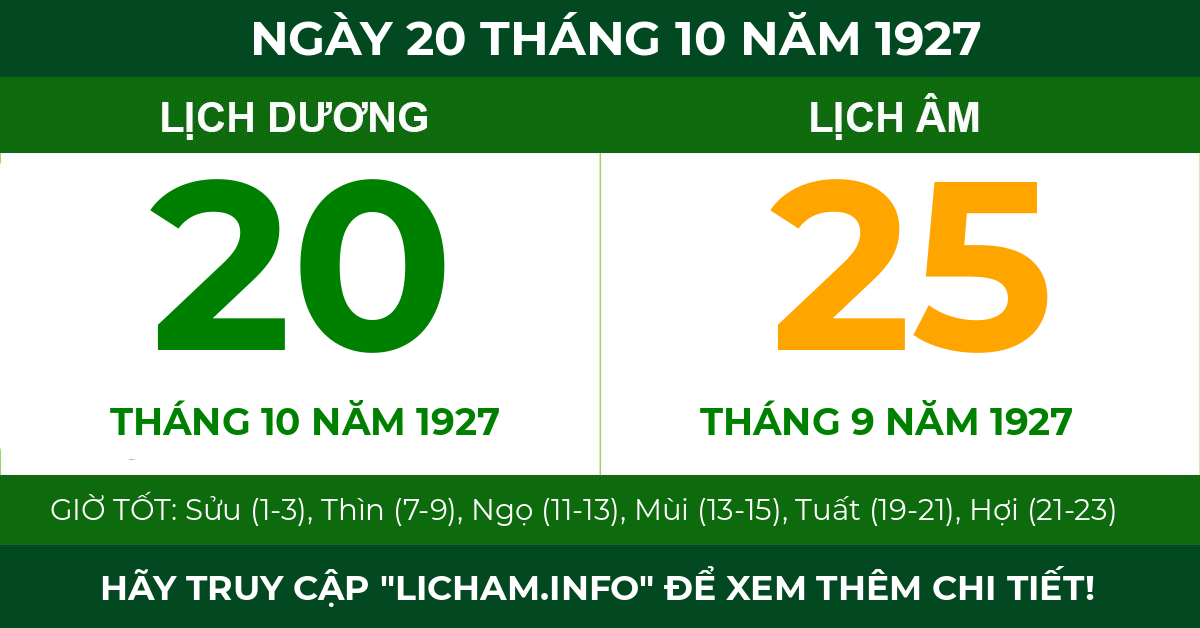 lịch âm ngày 20 tháng 10 năm 1927