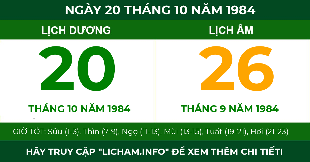 lịch âm ngày 20 tháng 10 năm 1984
