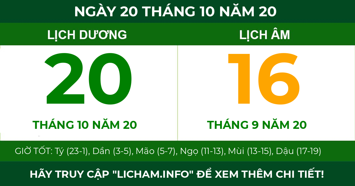 lịch âm ngày 20 tháng 10 năm 20