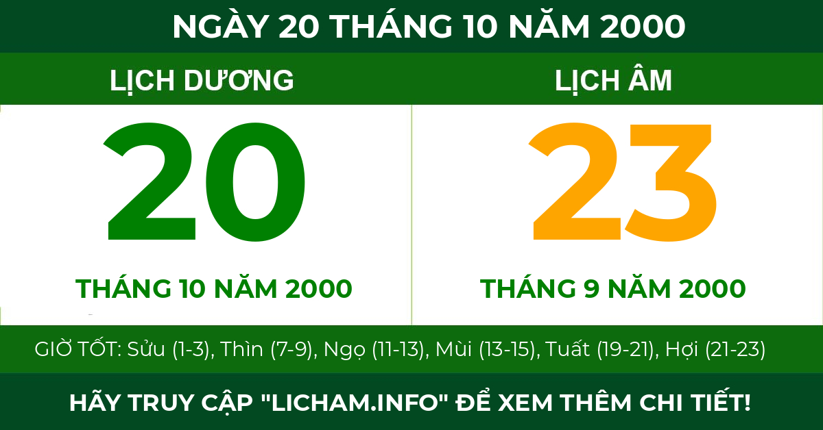 lịch âm ngày 20 tháng 10 năm 2000