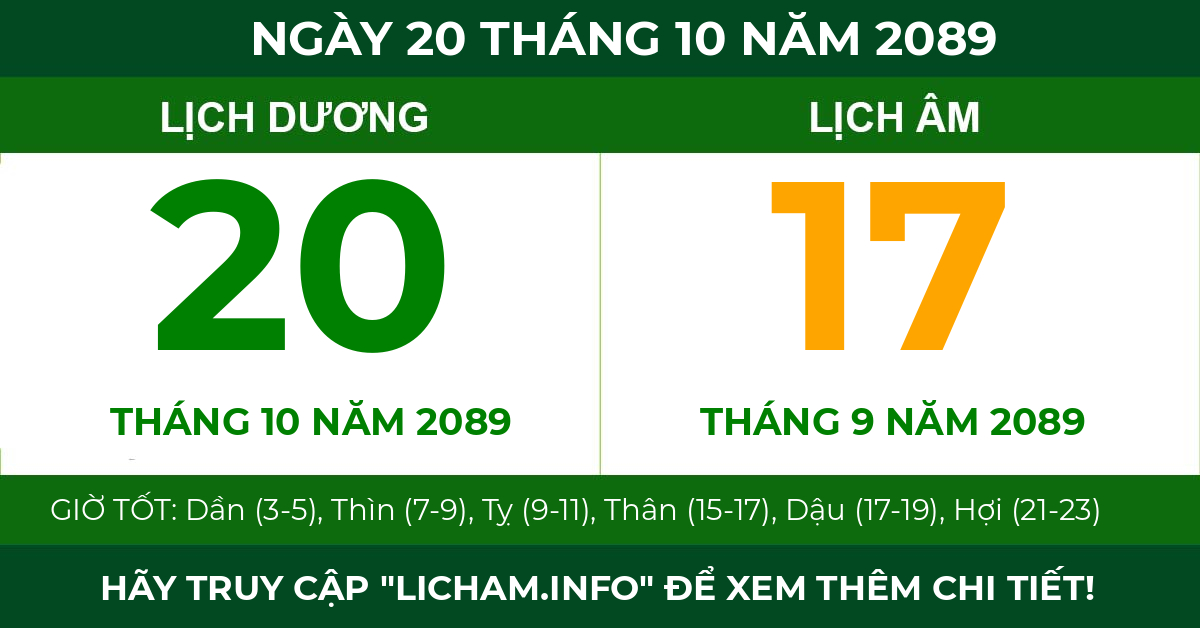 lịch âm ngày 20 tháng 10 năm 2089
