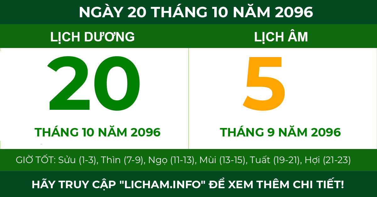 lịch âm ngày 20 tháng 10 năm 2096
