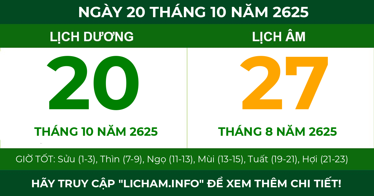 lịch âm ngày 20 tháng 10 năm 2625