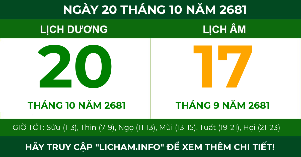 lịch âm ngày 20 tháng 10 năm 2681