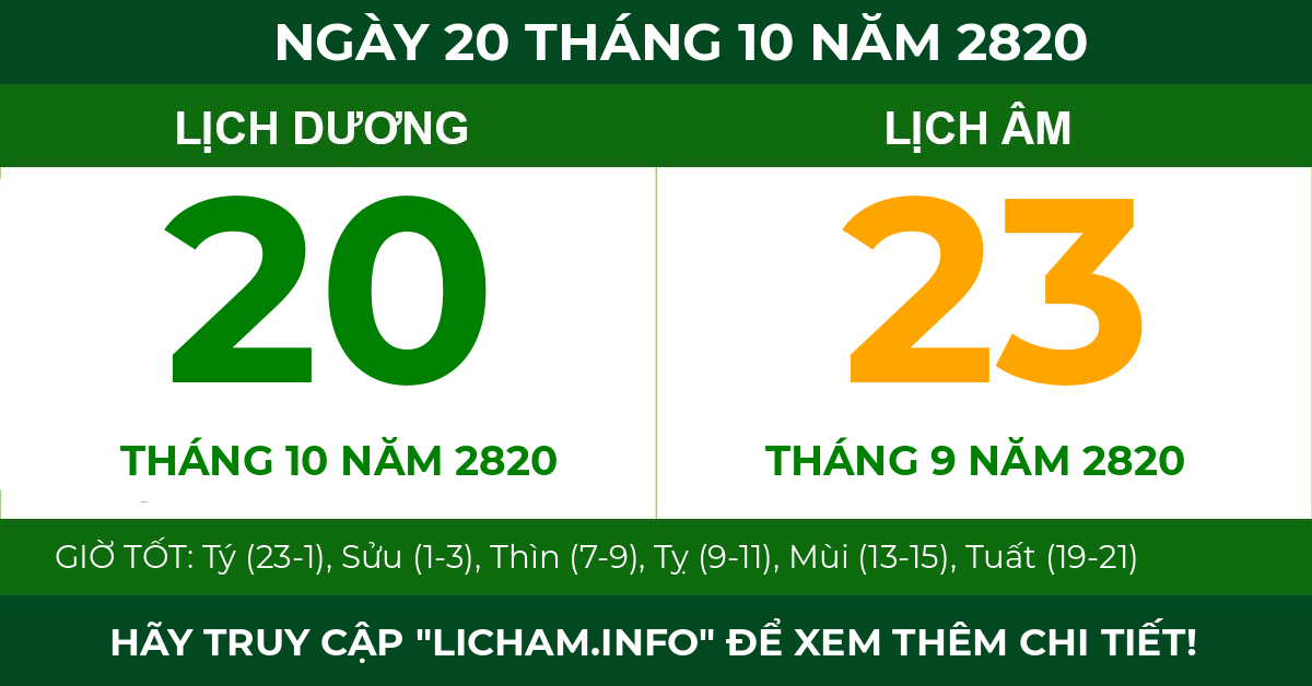lịch âm ngày 20 tháng 10 năm 2820