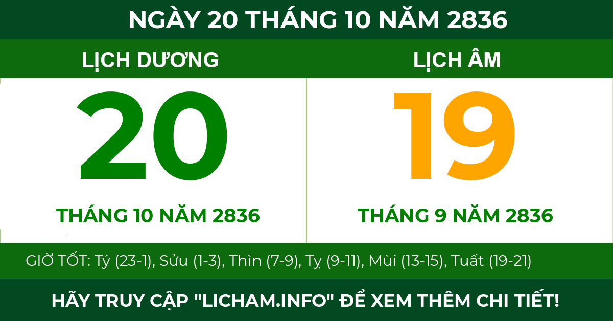 lịch âm ngày 20 tháng 10 năm 2836