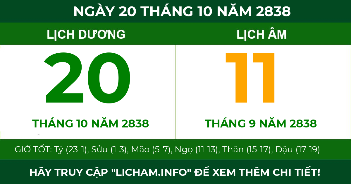 lịch âm ngày 20 tháng 10 năm 2838