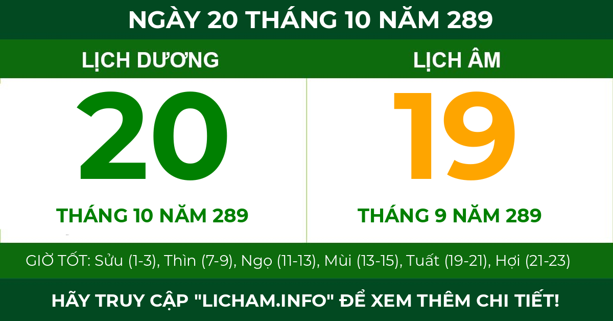 lịch âm ngày 20 tháng 10 năm 289