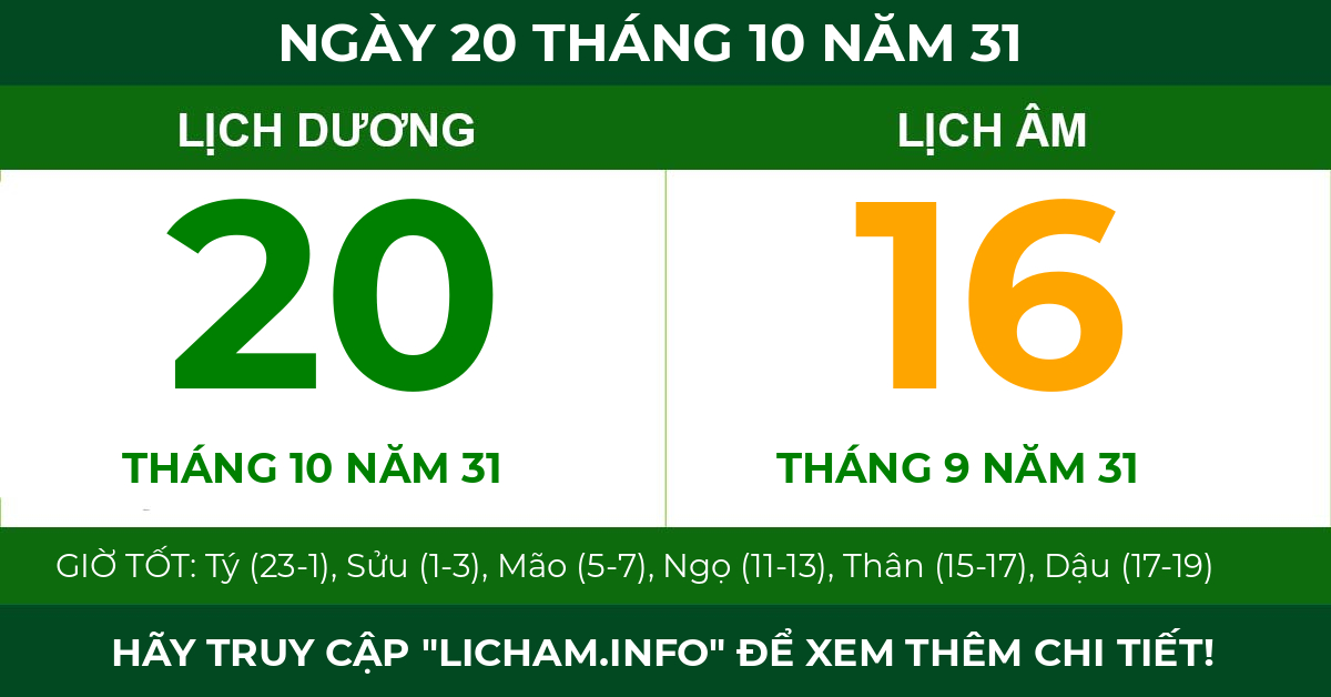 lịch âm ngày 20 tháng 10 năm 31