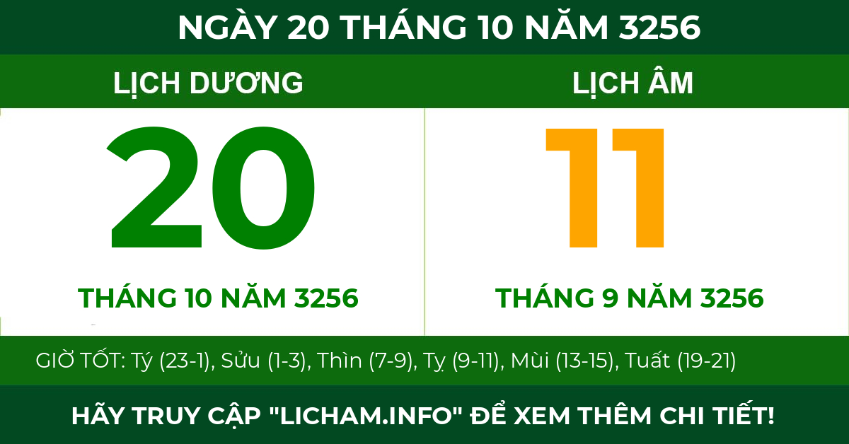 lịch âm ngày 20 tháng 10 năm 3256