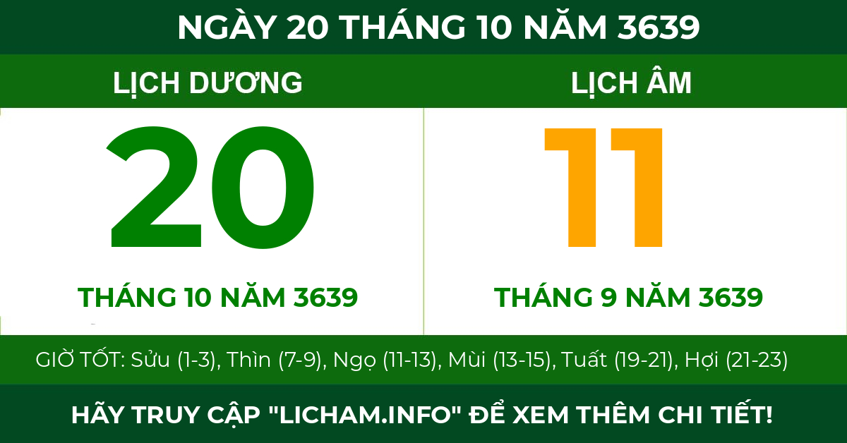lịch âm ngày 20 tháng 10 năm 3639