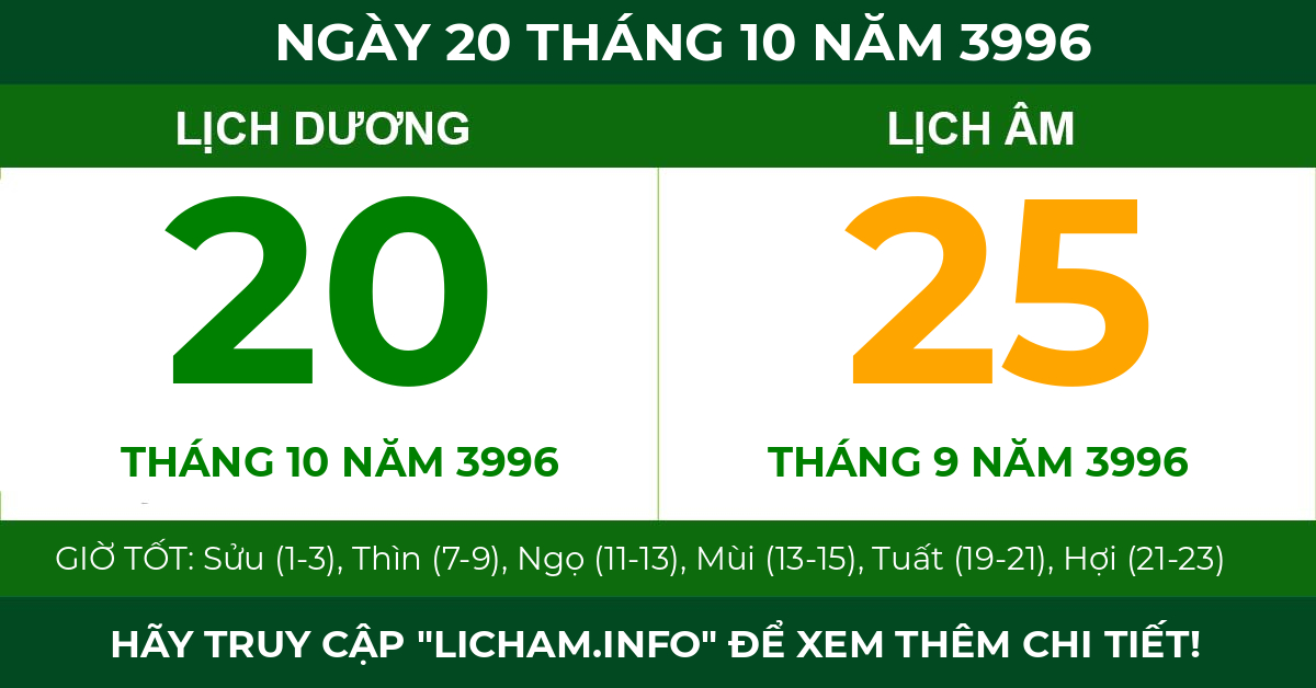 lịch âm ngày 20 tháng 10 năm 3996