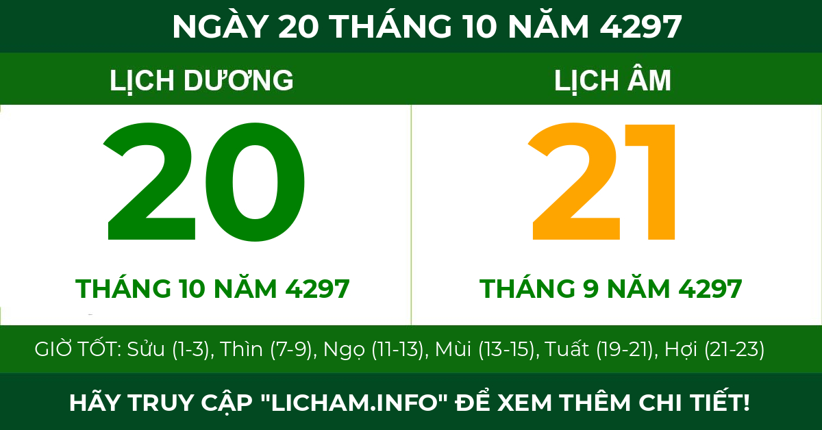 lịch âm ngày 20 tháng 10 năm 4297