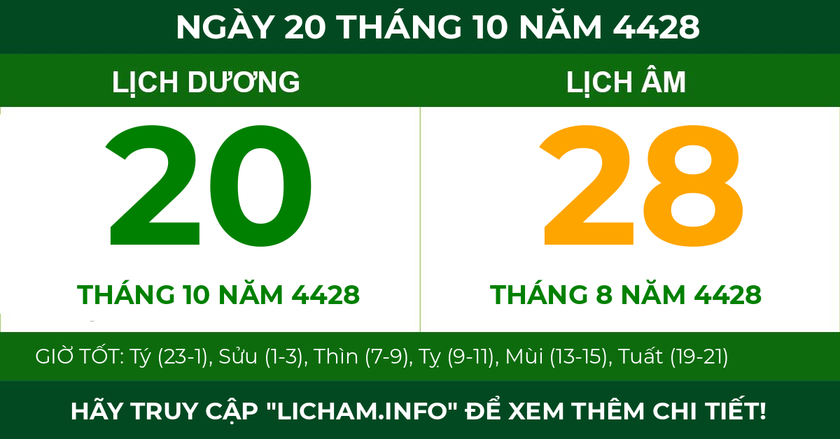 lịch âm ngày 20 tháng 10 năm 4428