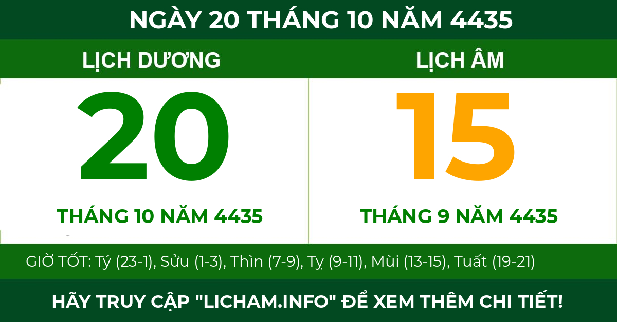 lịch âm ngày 20 tháng 10 năm 4435