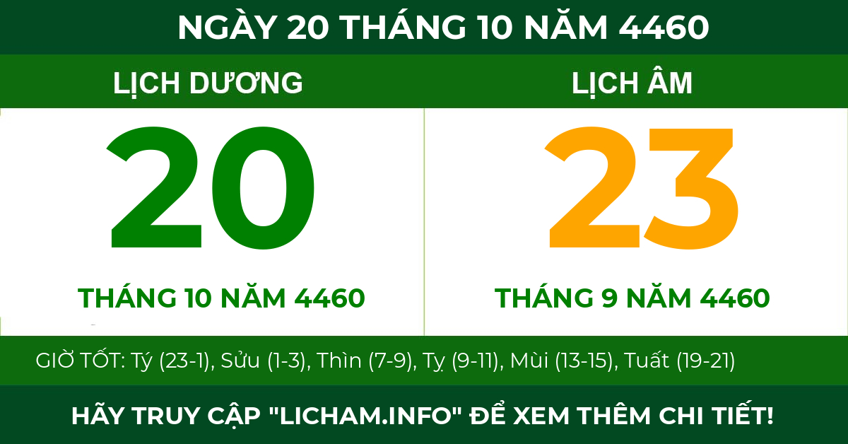 lịch âm ngày 20 tháng 10 năm 4460