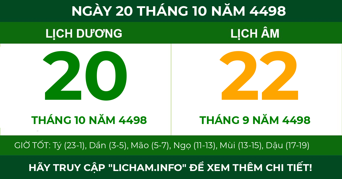 lịch âm ngày 20 tháng 10 năm 4498
