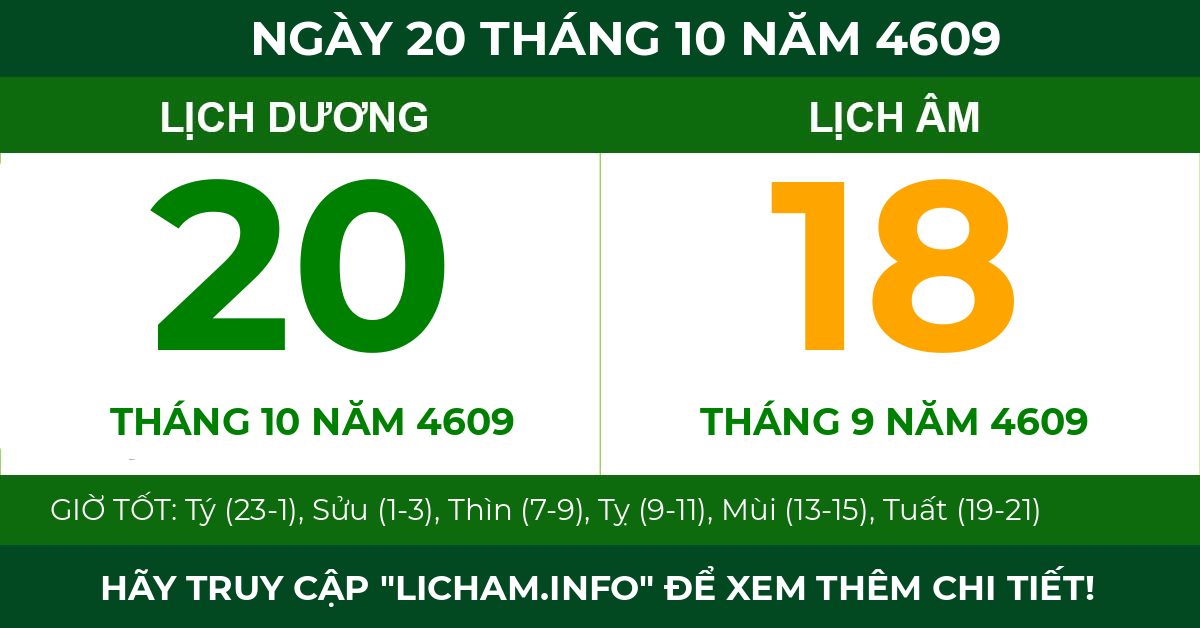 lịch âm ngày 20 tháng 10 năm 4609