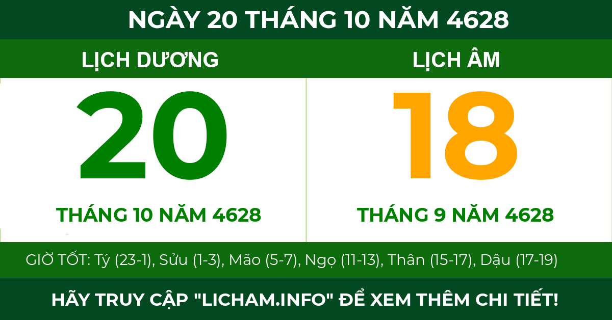 lịch âm ngày 20 tháng 10 năm 4628