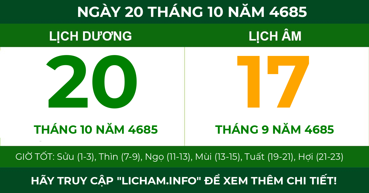 lịch âm ngày 20 tháng 10 năm 4685