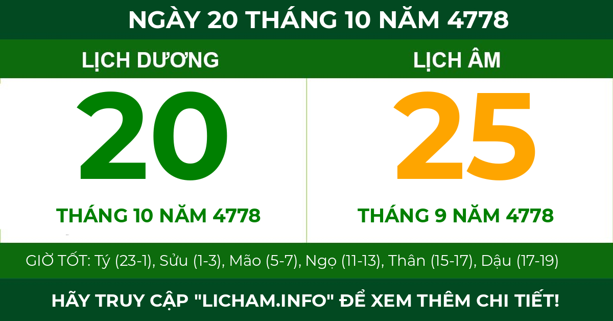 lịch âm ngày 20 tháng 10 năm 4778