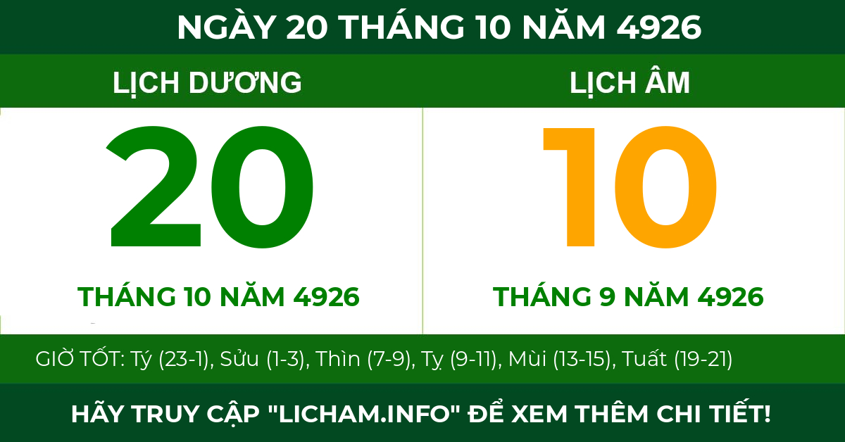 lịch âm ngày 20 tháng 10 năm 4926