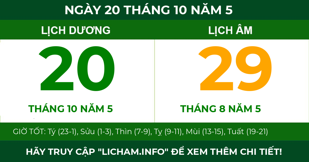 lịch âm ngày 20 tháng 10 năm 5