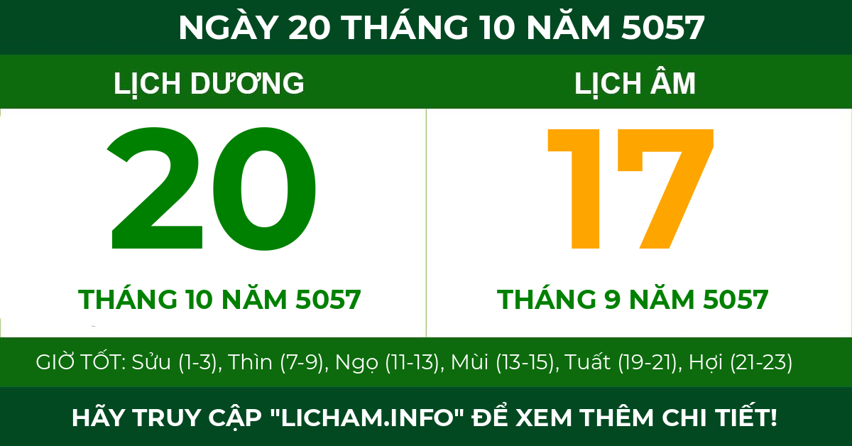 lịch âm ngày 20 tháng 10 năm 5057