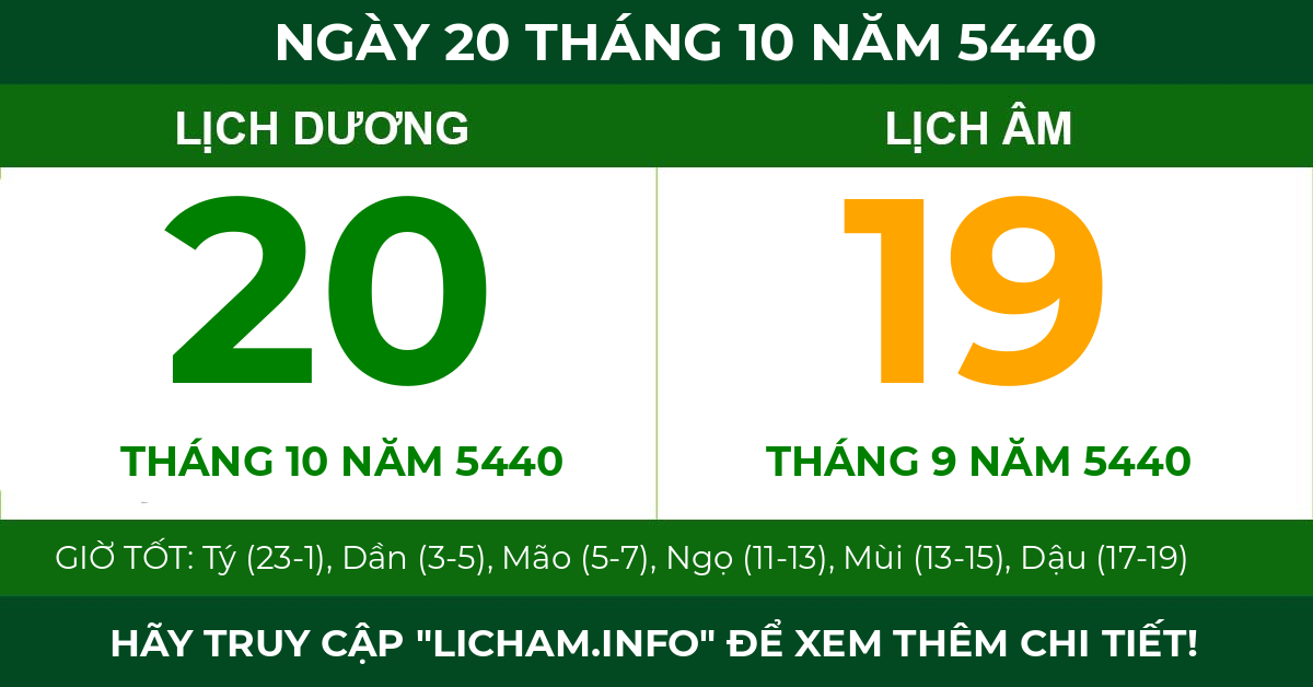lịch âm ngày 20 tháng 10 năm 5440