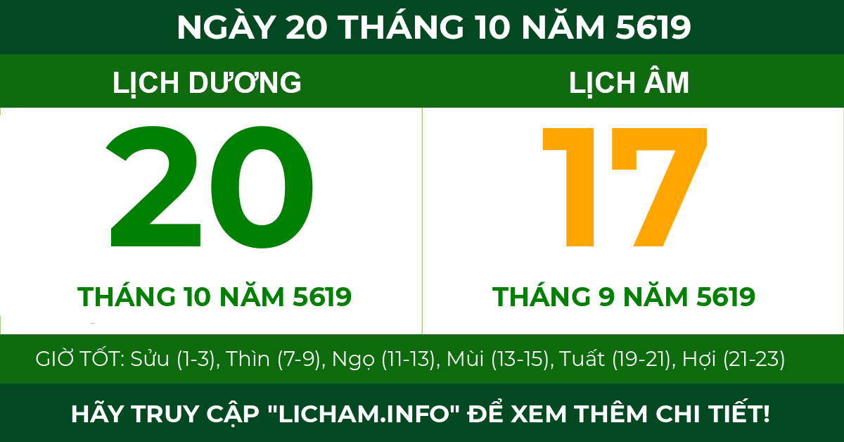 lịch âm ngày 20 tháng 10 năm 5619
