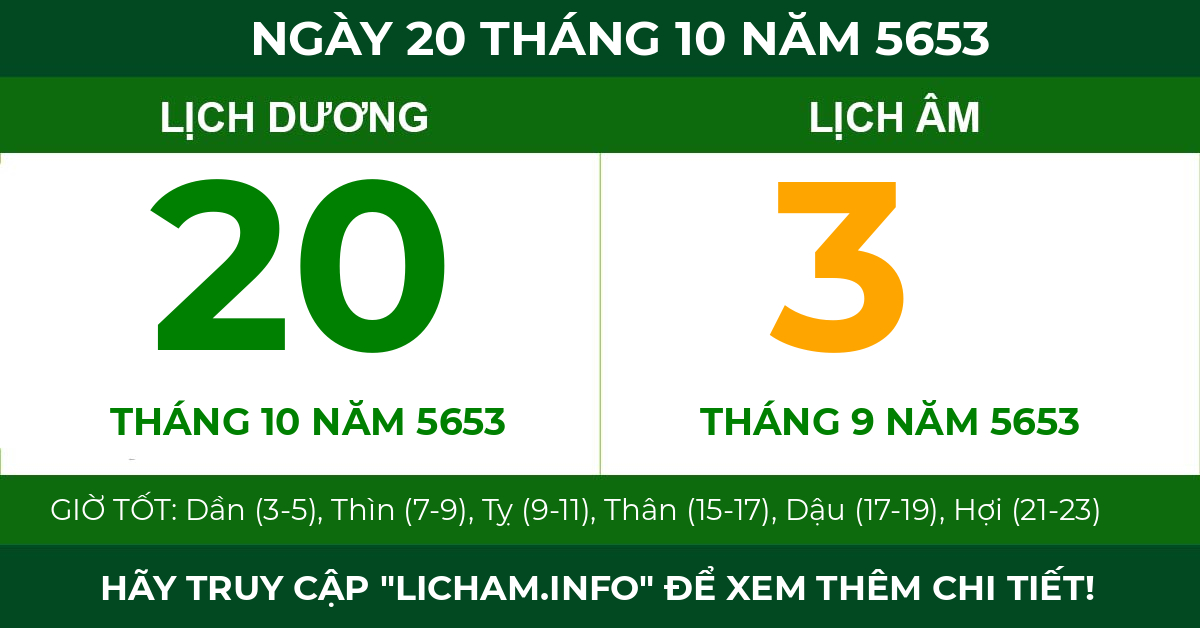 lịch âm ngày 20 tháng 10 năm 5653