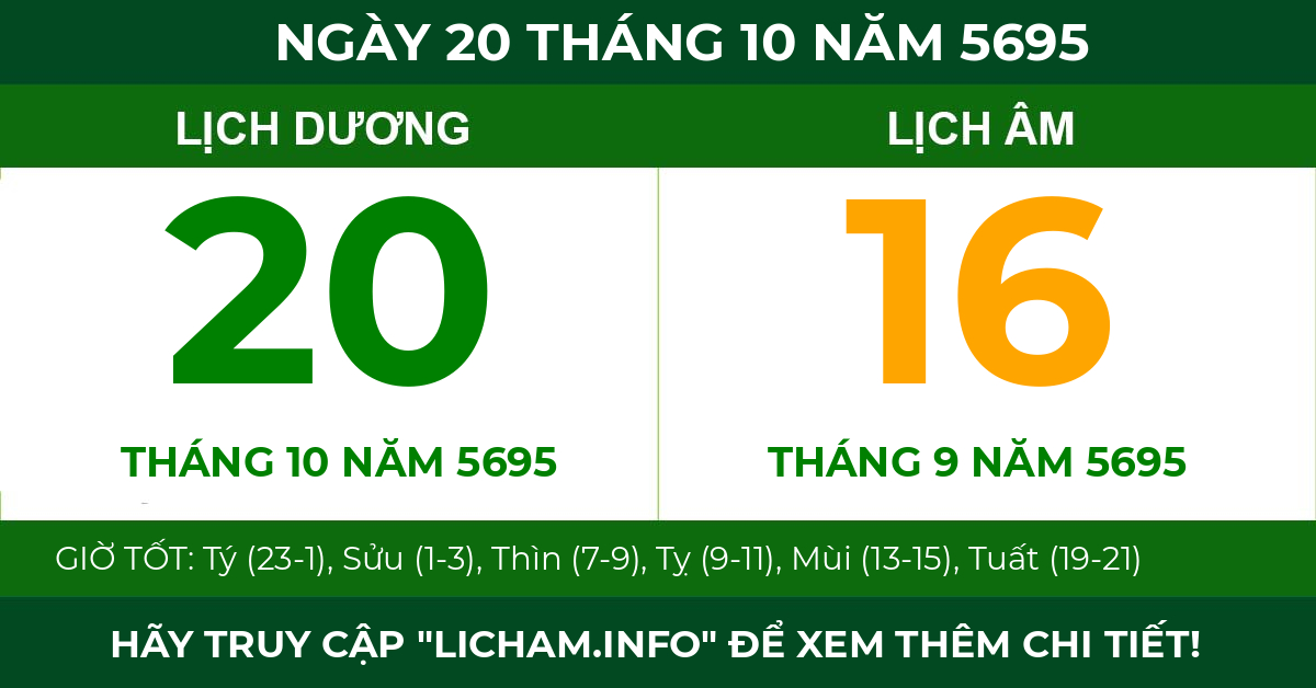 lịch âm ngày 20 tháng 10 năm 5695