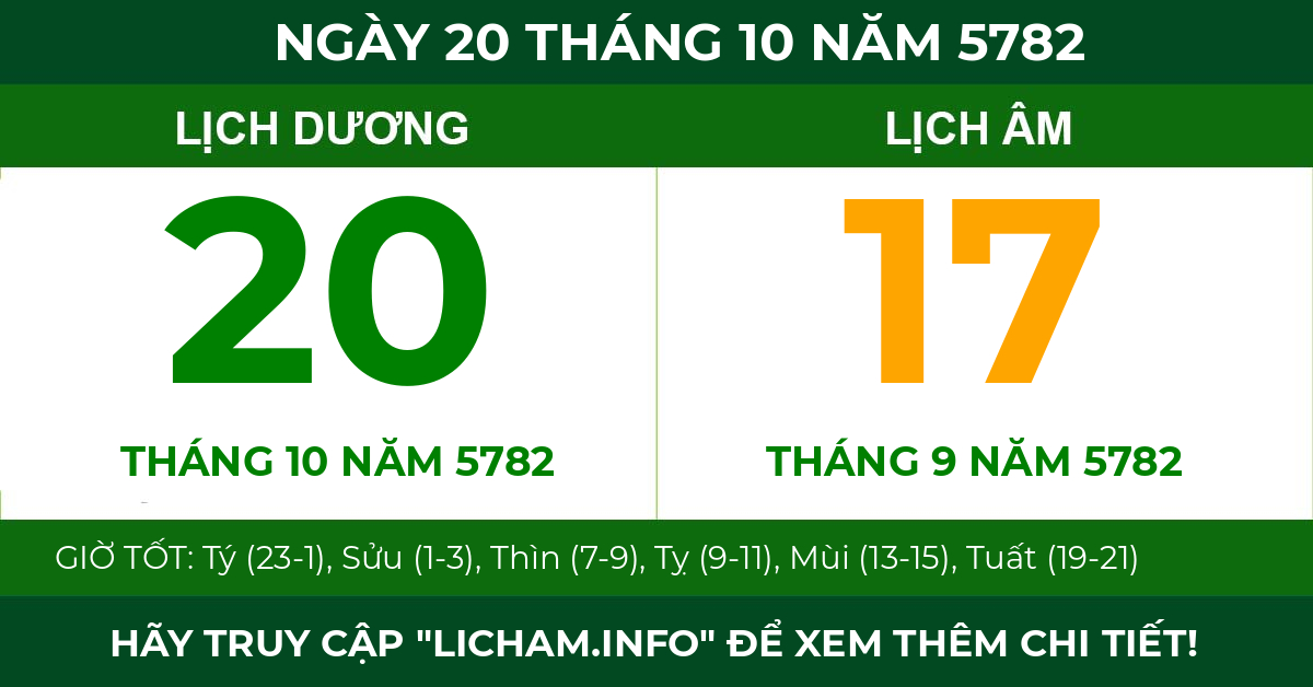 lịch âm ngày 20 tháng 10 năm 5782