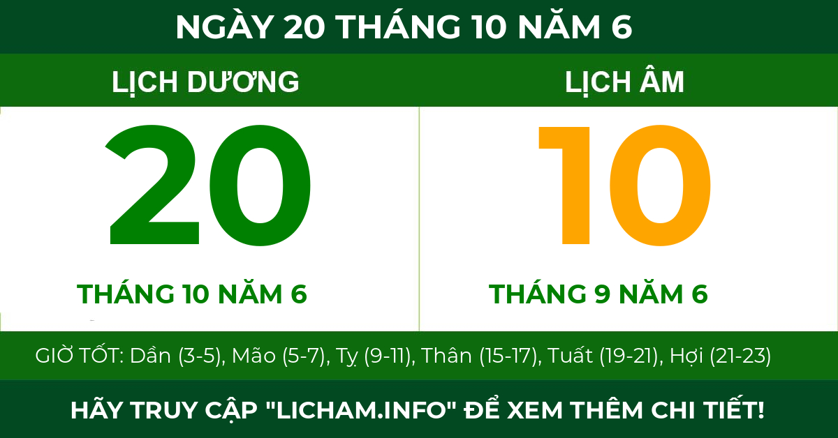 lịch âm ngày 20 tháng 10 năm 6
