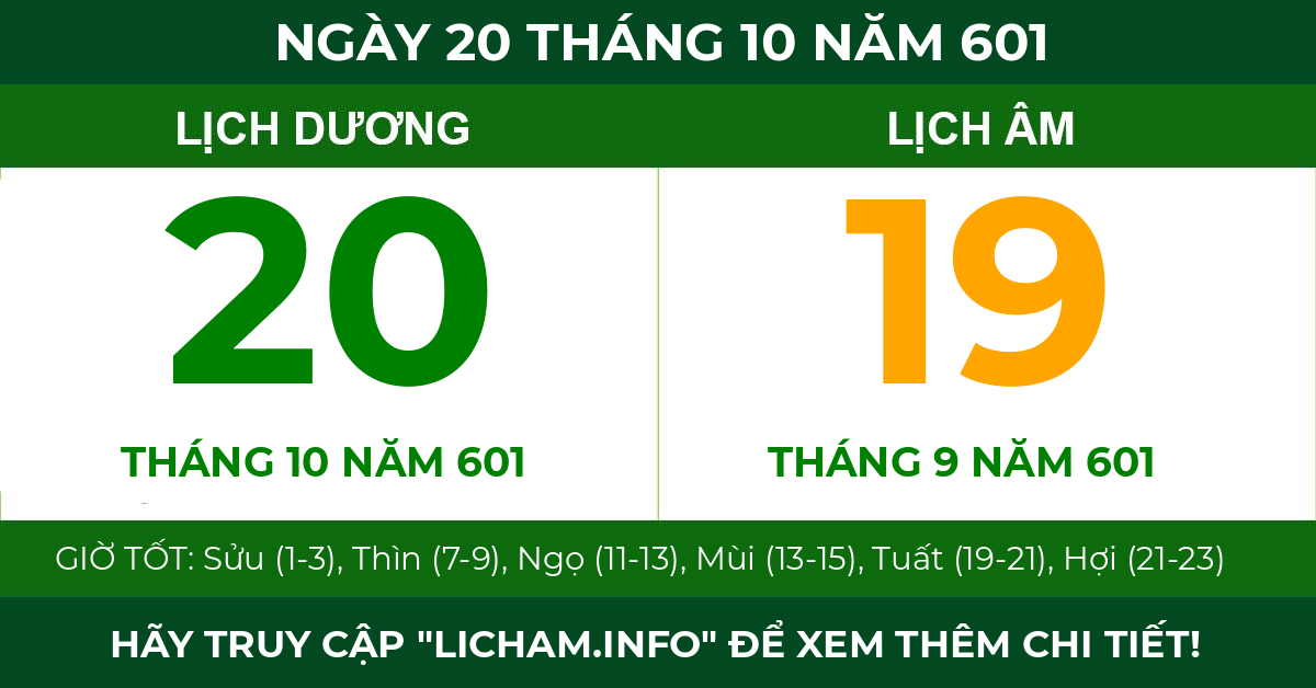 lịch âm ngày 20 tháng 10 năm 601