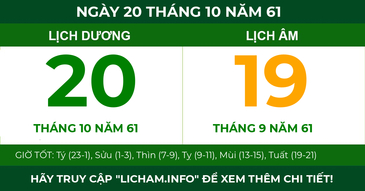 lịch âm ngày 20 tháng 10 năm 61