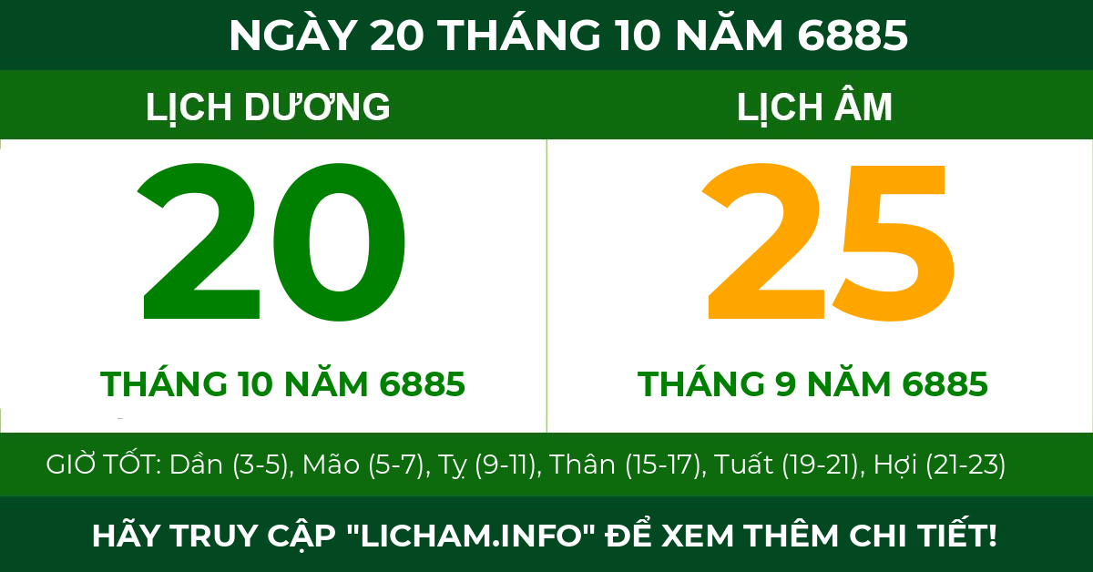 lịch âm ngày 20 tháng 10 năm 6885