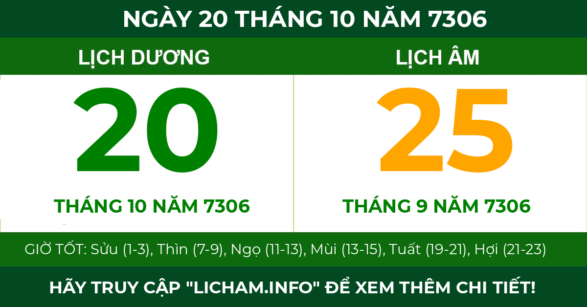 lịch âm ngày 20 tháng 10 năm 7306