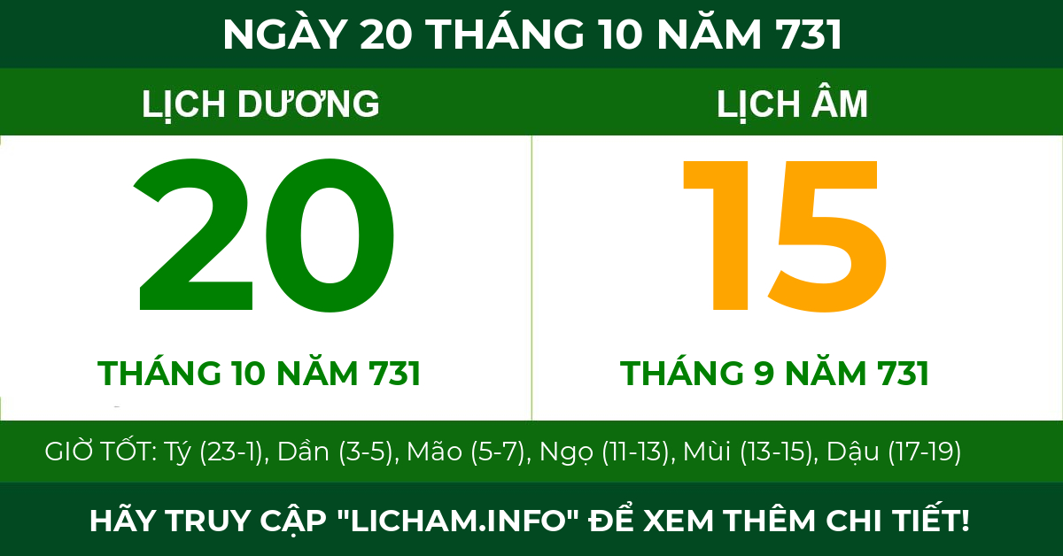 lịch âm ngày 20 tháng 10 năm 731