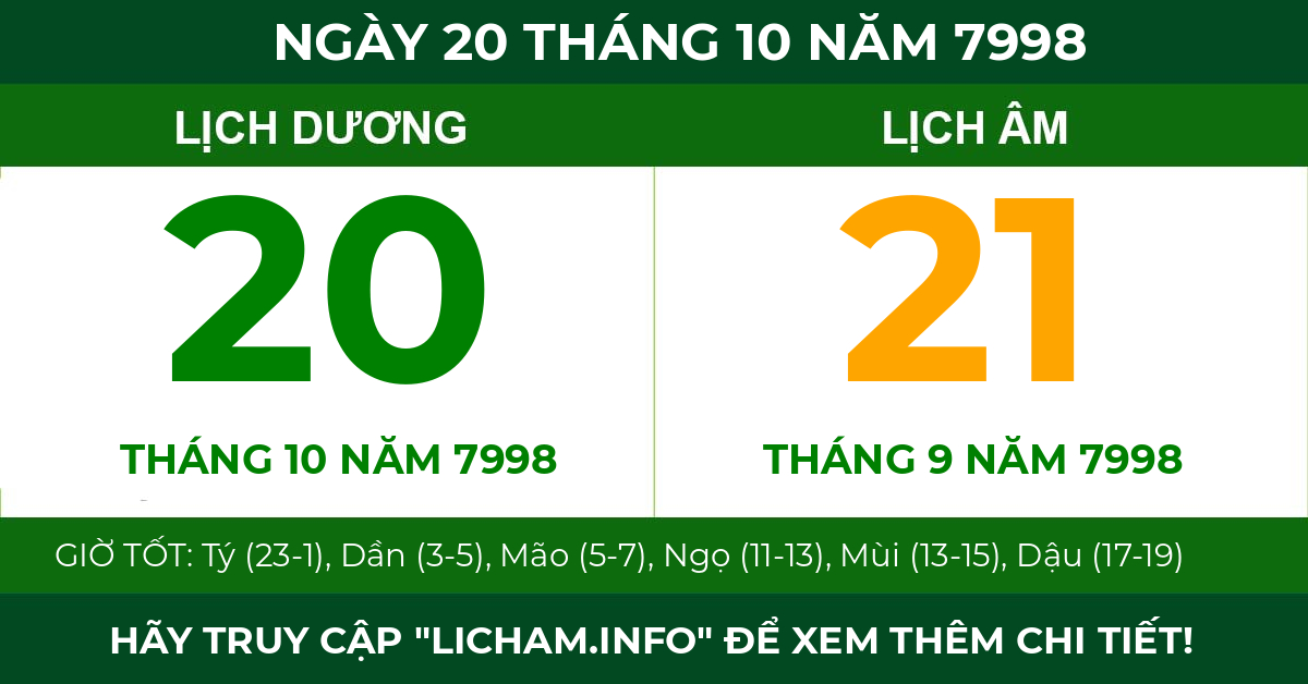 lịch âm ngày 20 tháng 10 năm 7998