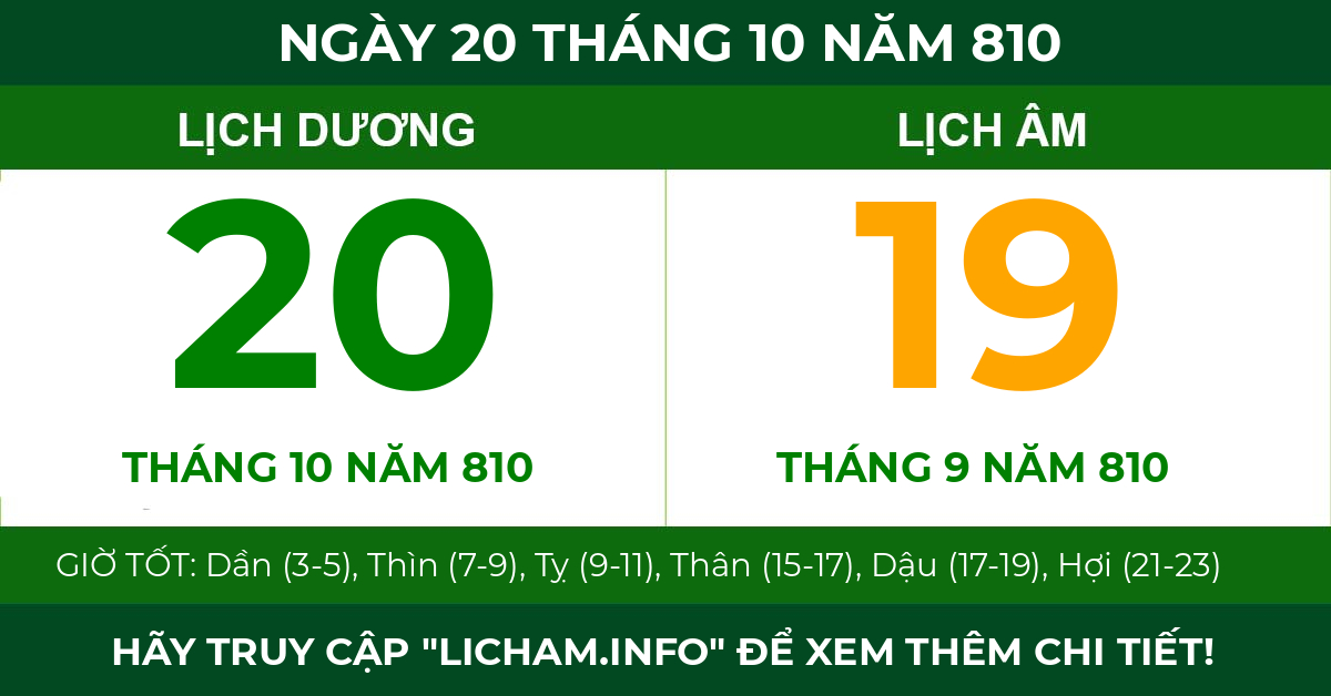 lịch âm ngày 20 tháng 10 năm 810