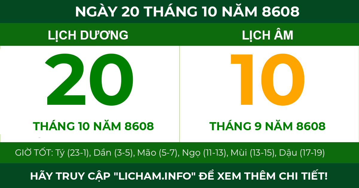 lịch âm ngày 20 tháng 10 năm 8608